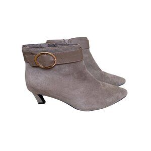 Taupe Faux Suede Ankle Boots With Gold Buckle